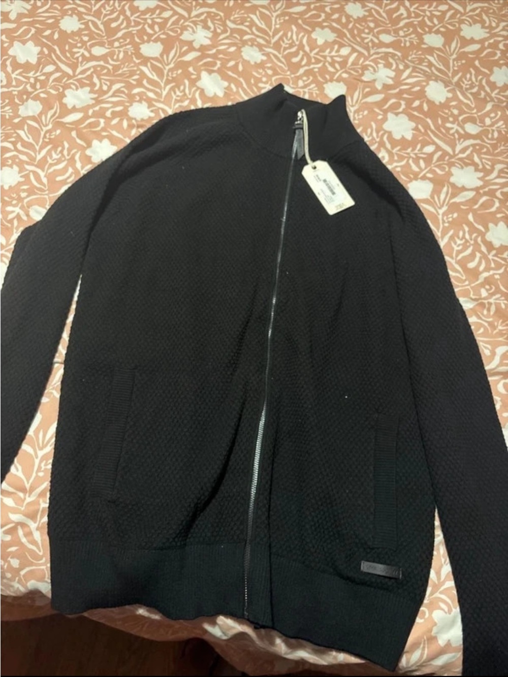 Lucky Brand Black Full-Zip Textured Knit Sweater